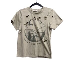 Love & Lazy Days Trust The Universe Distressed Graphic Tee‎ XS Sage Green Cactus